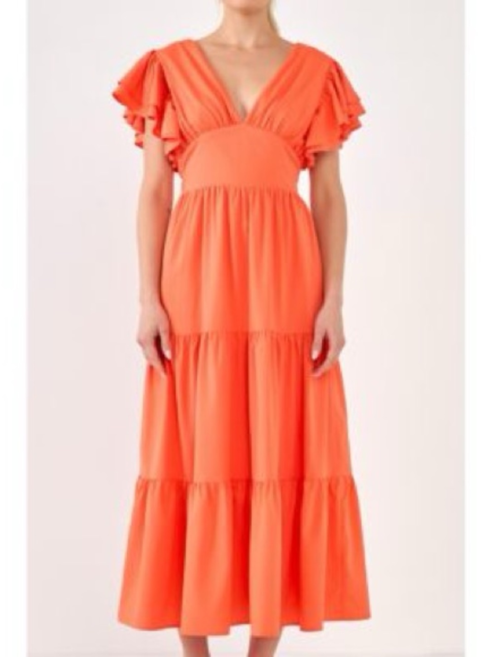 English Factory Orange V-Neck Midi Dress with Ruffled Sleeves